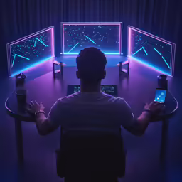 a man at a table with three monitors and a phone