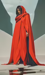 a painting of a woman wearing a red cape and black pants