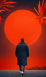 an older man is walking under the sun in front of some trees