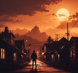 the silhouette of a man standing on an empty street,a man in the sunset on a street