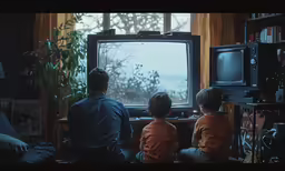 family watching the tv in a very nice home