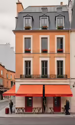 two people sit on their knees under an umbrella in front of a building