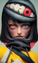 a person with red eyes and a black hat