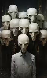 a man standing next to a bunch of heads