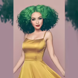 a photo of a woman in yellow dress with green hair