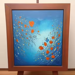 a framed picture of flowers and leaves on blue,a large art piece with orange flowers in the center
