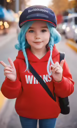 a little girl with blue hair wearing a hat