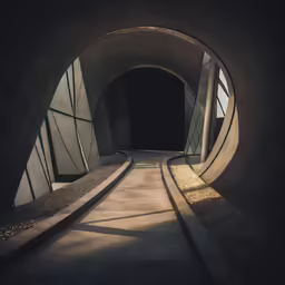 a tunnel going into another large building with windows