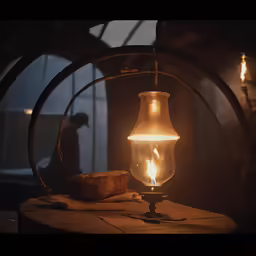 a candle is shown next to bread under a glass lamp