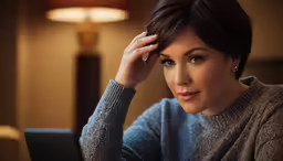 a woman is looking directly in the camera with her head up, as she is smiling
