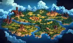 an animated map of an island surrounded by mountains