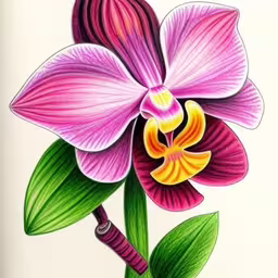 colorful drawing of an orchid flower with green leaves,an orchid flower drawing on paper