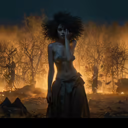 a girl stands in a field of burning trees