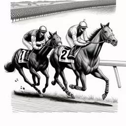 the jockeys are racing the horse around the track,some horses that are racing and going around a track