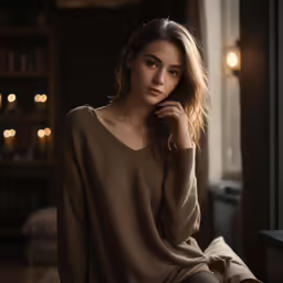 a woman sitting in a room next to a window