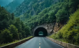 a tunnel going into the woods near a highway