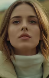 a woman in a white sweater looking off to the side