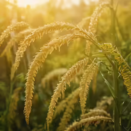 close - up view of long - haired reeds with a sun shining in the background