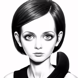 a woman with dark hair and eye makeup