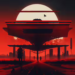 a picture of the sun over a red sky and an electronic city,an artwork of the movie futurarium