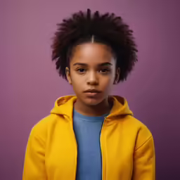a little girl wearing a yellow hoodie