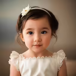 a little girl wearing a headband in front of a wall