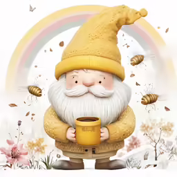 a cartoon santa clause holding a yellow mug