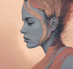 a photo of the head of a woman with the hair pulled back,a painting of a person with their hair pulled back