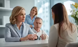 three people sitting around a desk and one person standing behind her