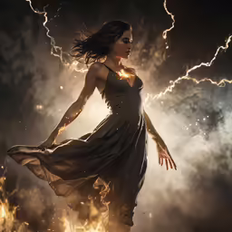 a woman in a flowing dress, surrounded by storm clouds and lightning