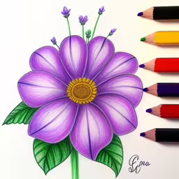 this is a drawing of flowers and one color pencils,drawing flowers with colored pencils on a white paper,a purple flower and several colored pencils,a flower is drawn in colored pencils with colored pencils,the pencils are near the drawing of a flower