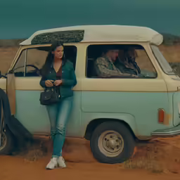 the girl in the van is standing next to her friend