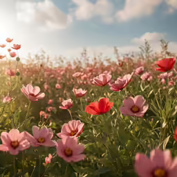 a field with many pink flowers and a blue sky with clouds
