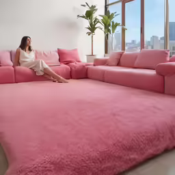 a woman sits on a pink couch in front of a large window
