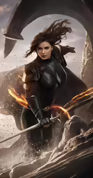 a woman in black suit and sword on the ground