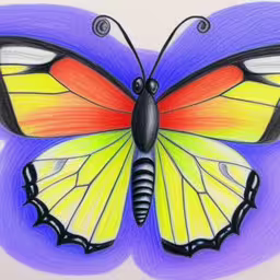 colored butterflies on paper are being drawn,the illustration depicts a yellow butterfly with black edges,a picture of a yellow butterfly, painted on paper,the butterfly is drawing on paper and it has a very colorful pattern,drawing a butterfly easy steps how to draw a butterfly
