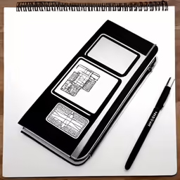a notebook that has an electronic device on top of it