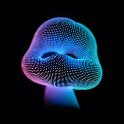 a blue and purple illuminated mushroom on black background