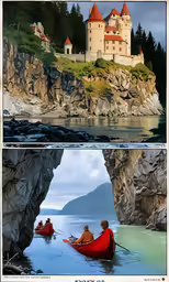 a couple of pictures with two people in kayaks
