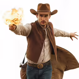 a young man in cowboy attire is holding up fire