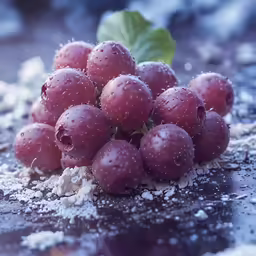 the grapes are displayed on the table with sugar and leaves