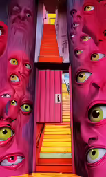 a house made up of colored houses with eyes on the outside and stairs to the outside