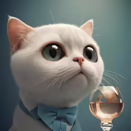 the white cat is looking at the empty glass