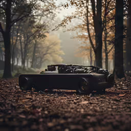 an old car sits abandoned in the woods