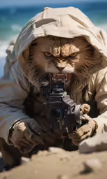 a man dressed up as a cat while holding a camera