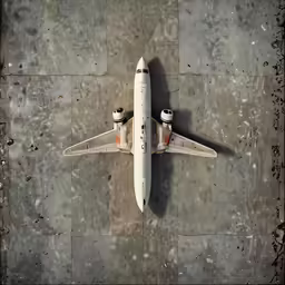 an airplane on a concrete runway is viewed from the air