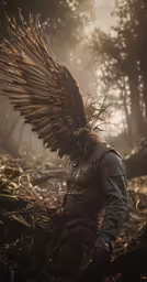 an artistic photo with wings spread out and a dark colored outfit