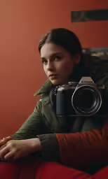 the woman in green jacket holds up a camera