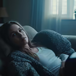a woman laying down in a couch under a blanket
