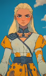 a girl with blonde hair and some armor